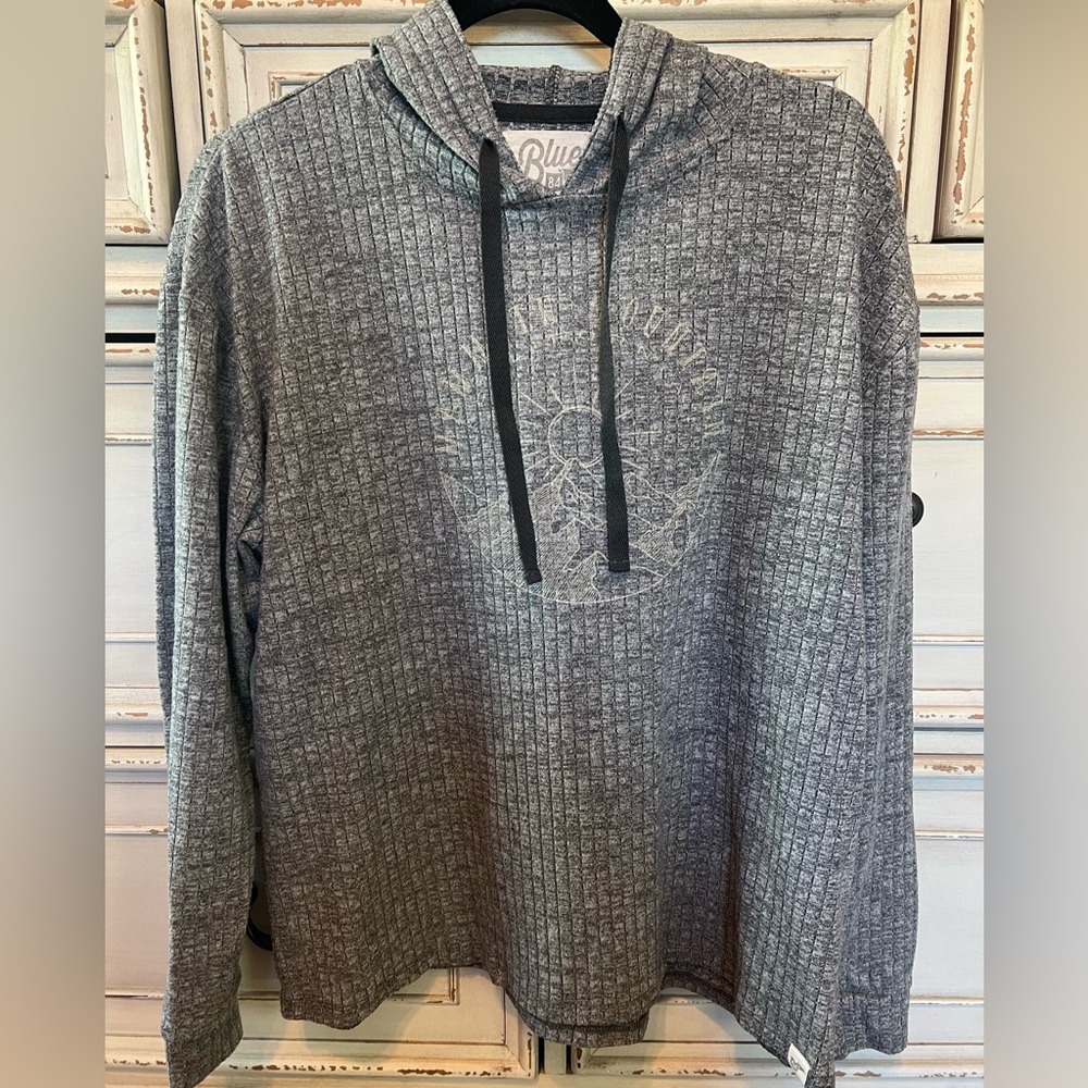 Blue 84 Gray Ribbed Pullover Hoodie. Mammoth Mountain Logo with Black Drawstring